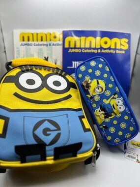 Minions Backpack Pencil Case & 2 Jumbo Coloring Books Set Kids School & Activity